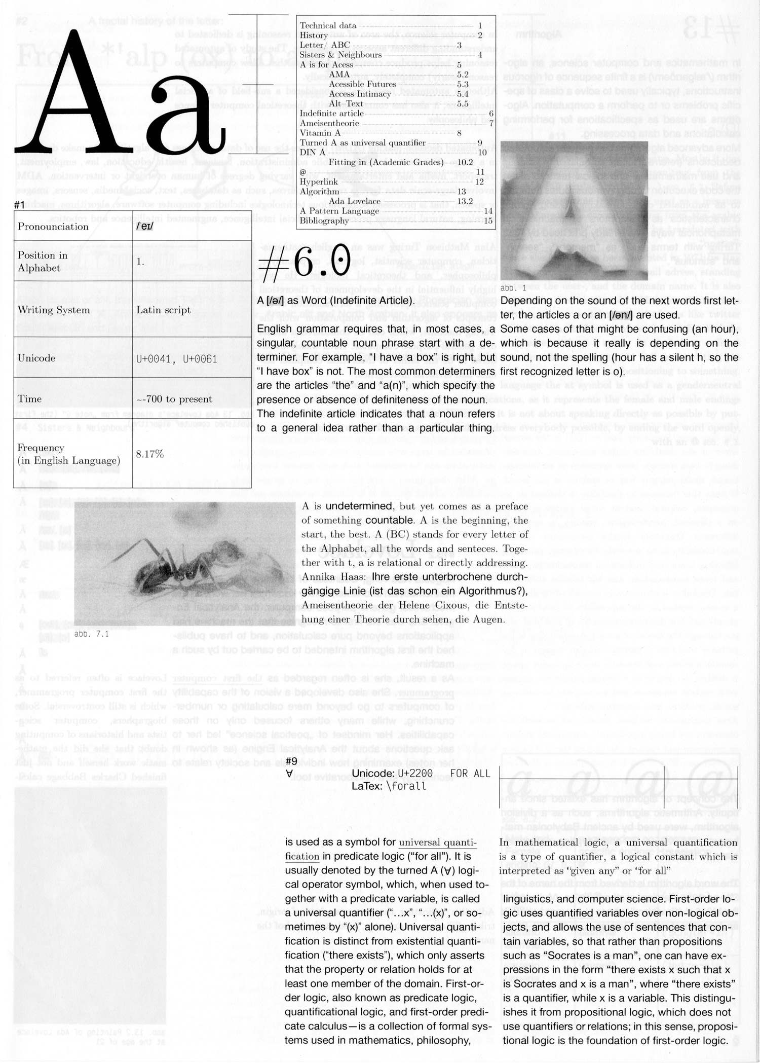 'Aa' the title of the work is typeset in flowery big letters on the top of the page. A few tables indicate contents.