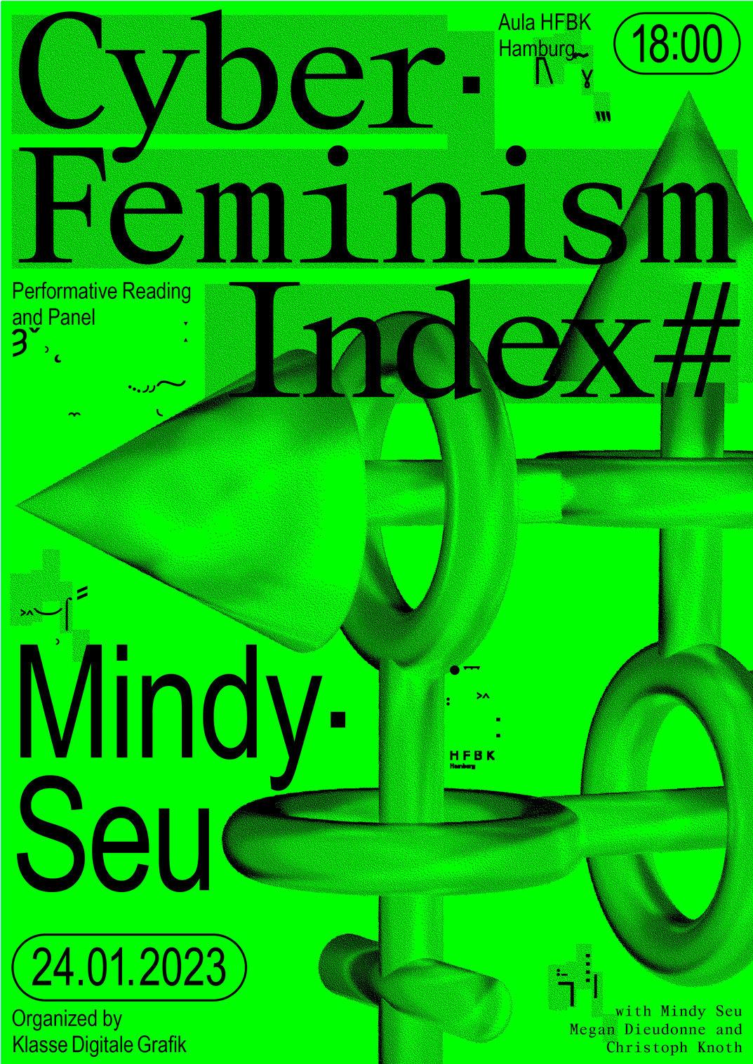 A neon green poster. Black elegant letters announce 'Cyber Feminism Index' while most of the page is filled with the 3D rendering of intertwined gender Symbols.